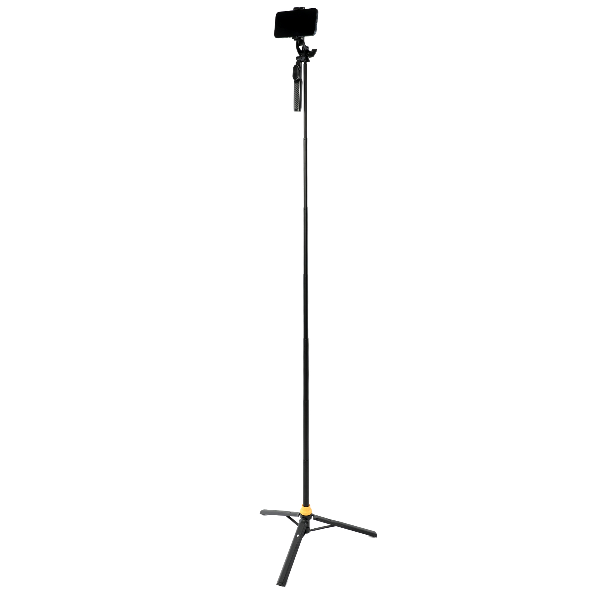 Ein Stativ mit einem Smartphone-Halter, das auf einem weißen Hintergrund steht.