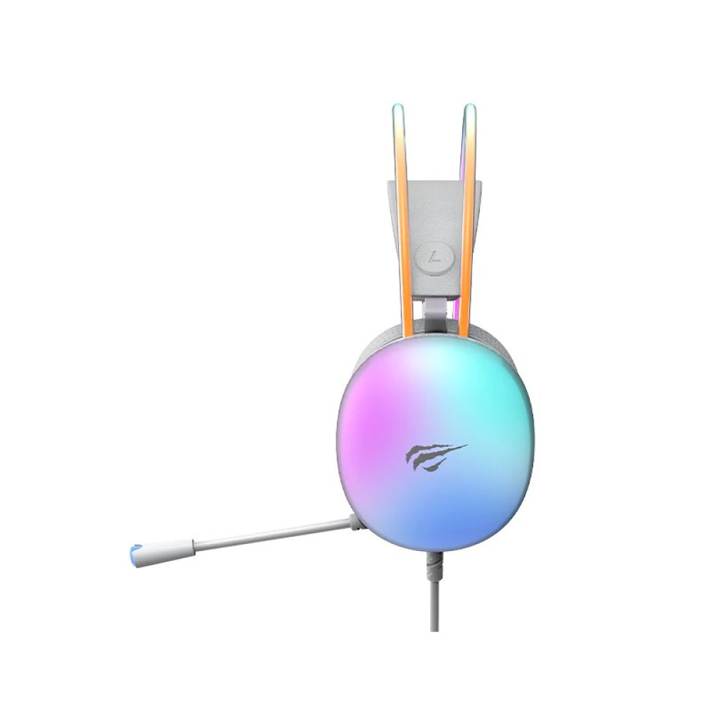 Białe słuchawki z oświetleniem RGB i mikrofonem, na białym tle.