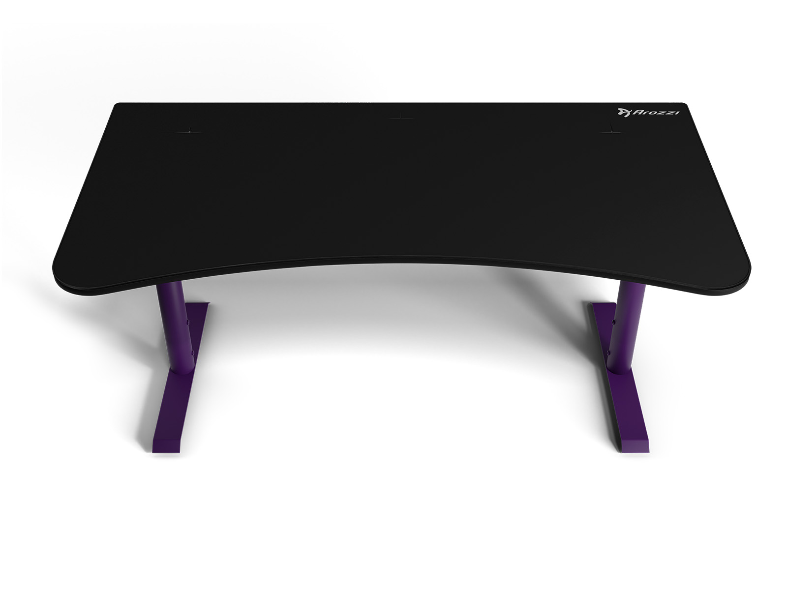 Een zwart bureau met paarse poten en een gebogen ontwerp.
