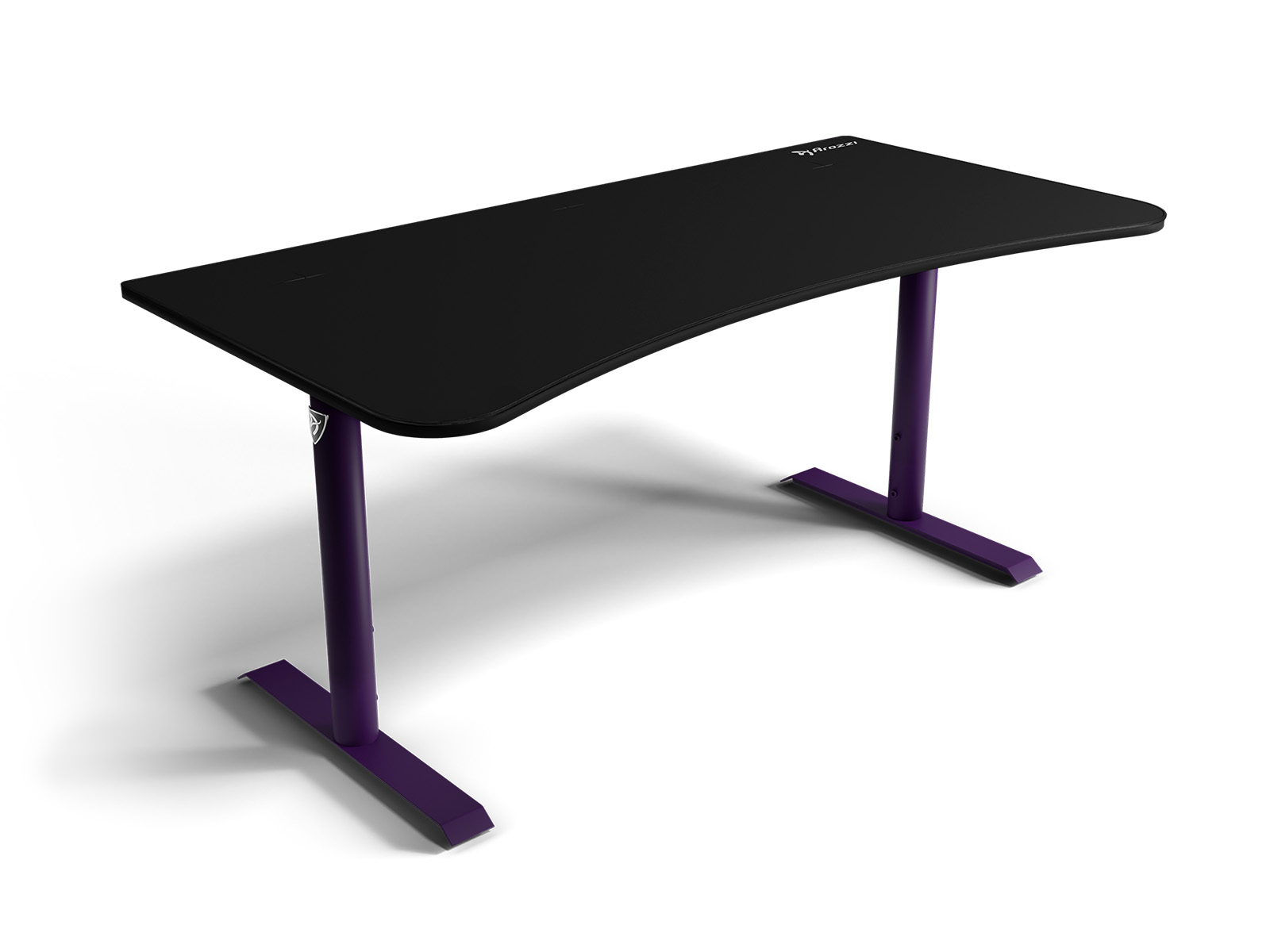 Een zwart bureau met paarse poten op een witte achtergrond.