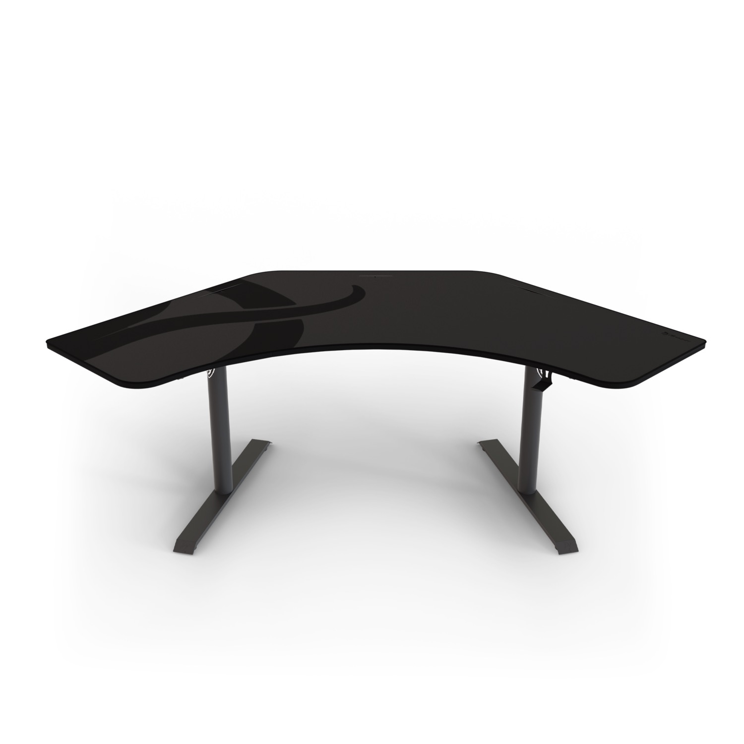 Scrivania gaming nera con piano curvo e due gambe a colonna.