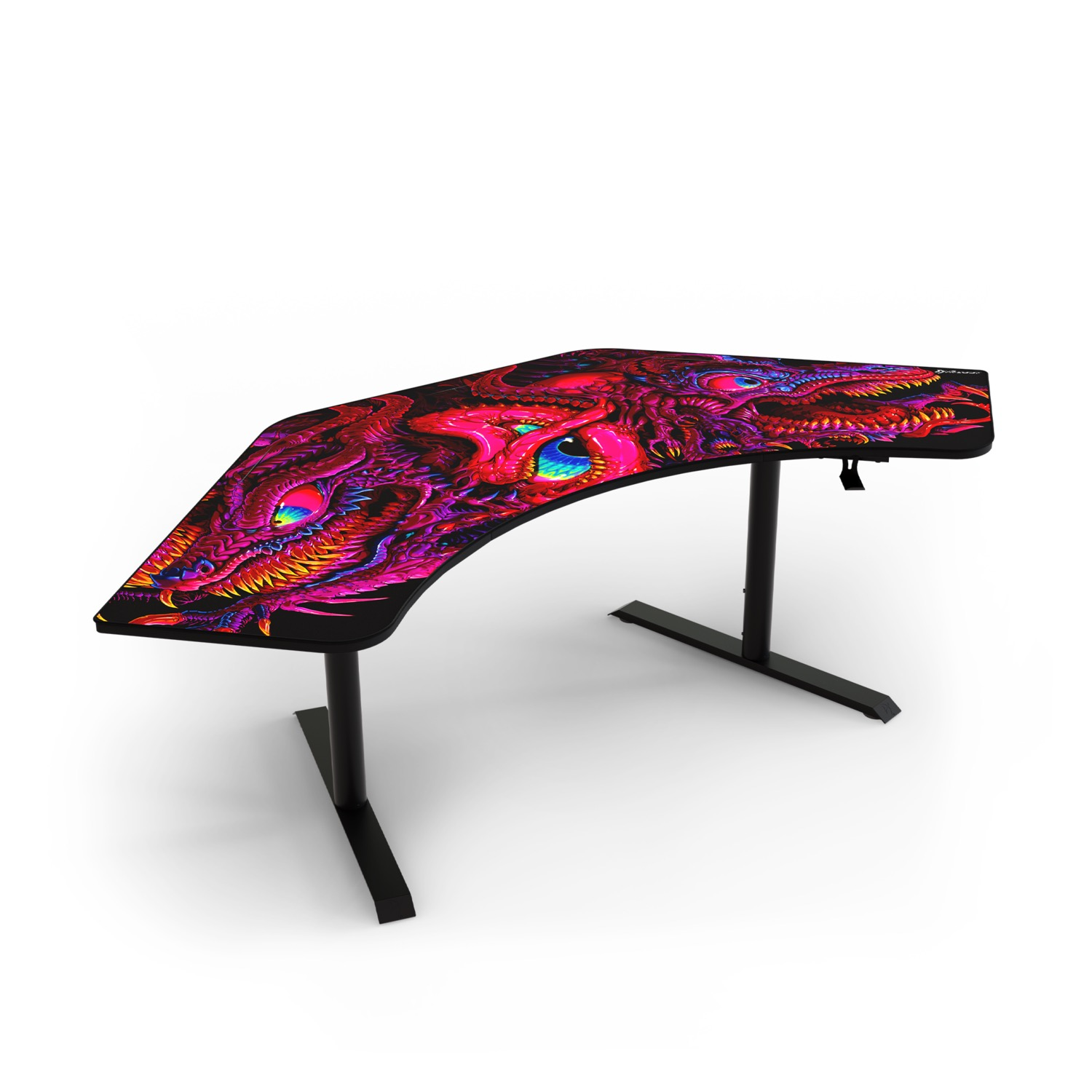 Scrivania nera con un design colorato simile a una testa di drago.