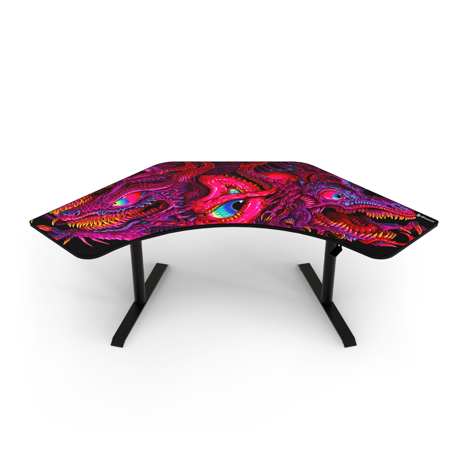 Una scrivania con un bizzarro design di drago multocchi nei colori vivaci.