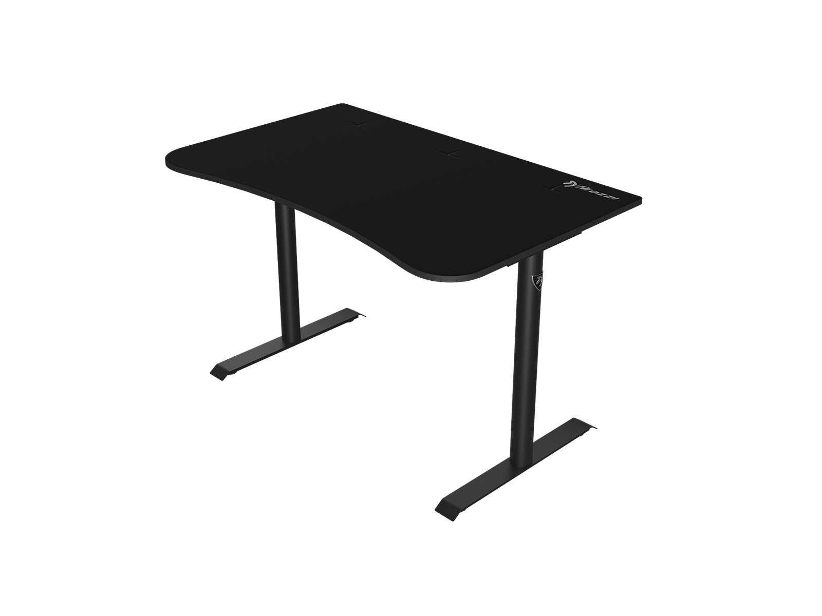 Een zwart bureau met een gebogen blad en twee T-vormige poten.