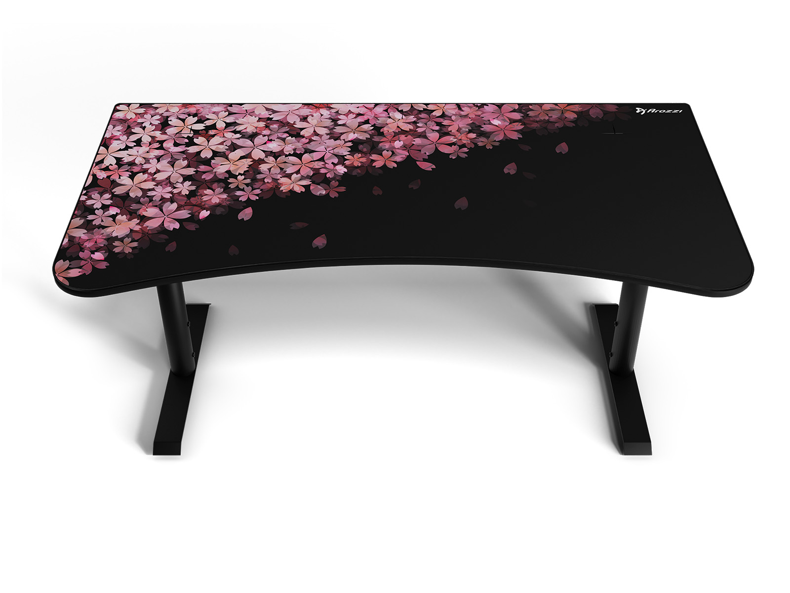 Zwart bureau met kersenbloesempatroon aan de linkerkant.