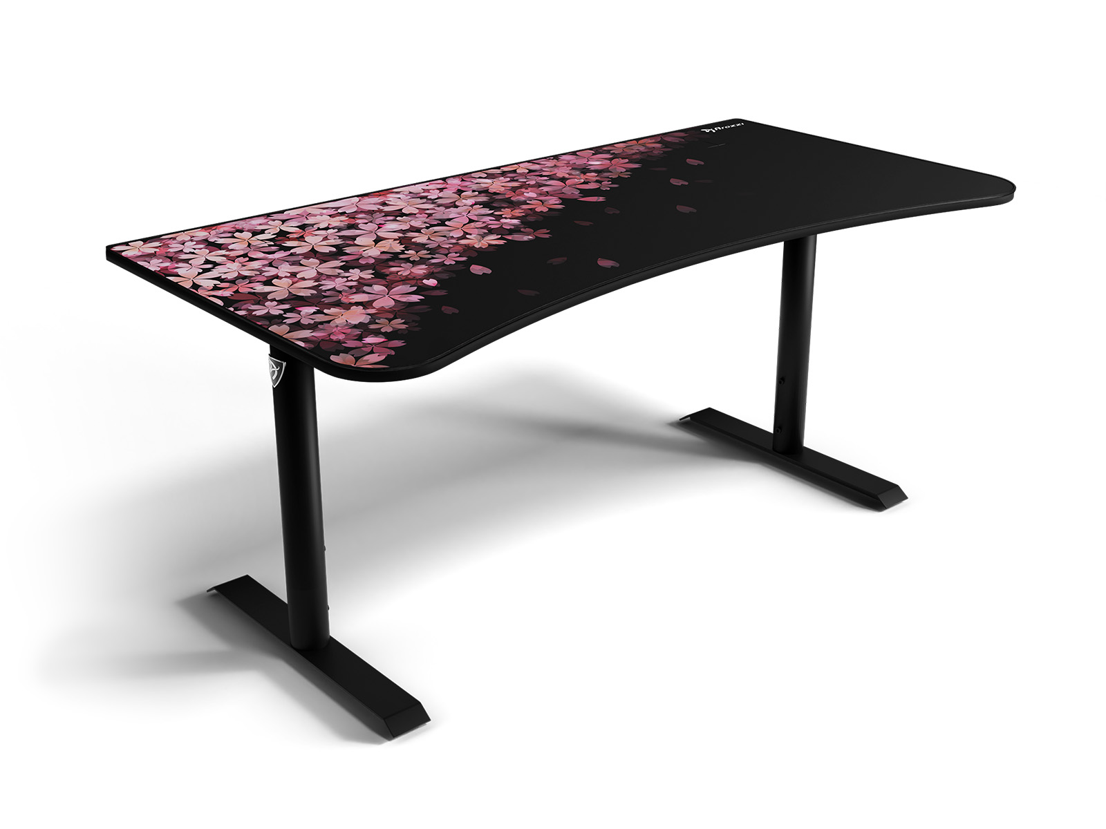 Zwart bureau met kersenbloesempatroon en twee zwarte poten.