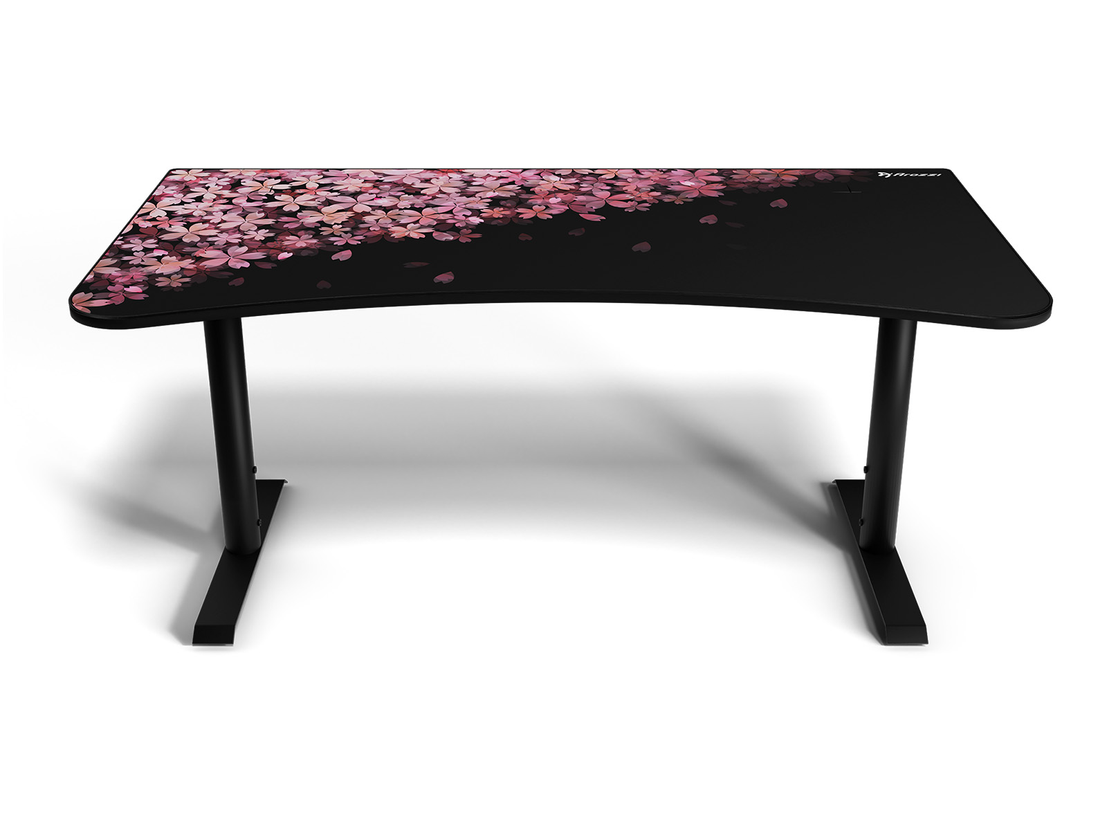 Een zwart bureau met een kersenbloesempatroon op het oppervlak en zwarte poten.
