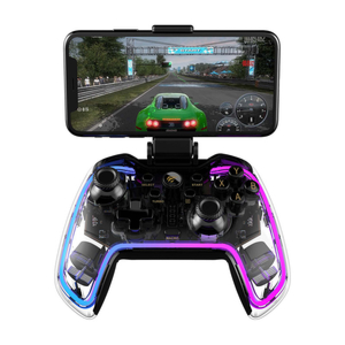 Un controller da gioco trasparente con luci RGB, che tiene uno smartphone che visualizza un gioco di corse.