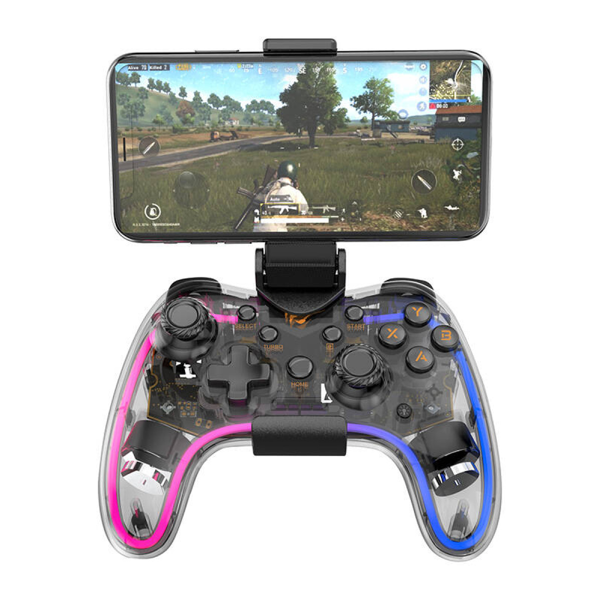 Controller trasparente con linee luminose che tiene uno smartphone che mostra un gioco.
