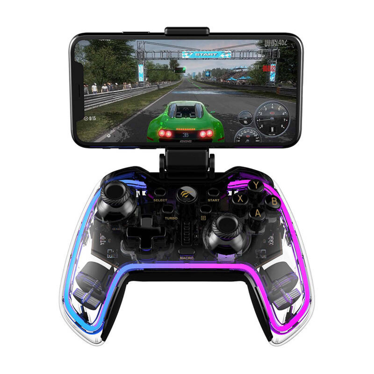 Uno smartphone con un gioco di corse, montato su un controller trasparente con luci.