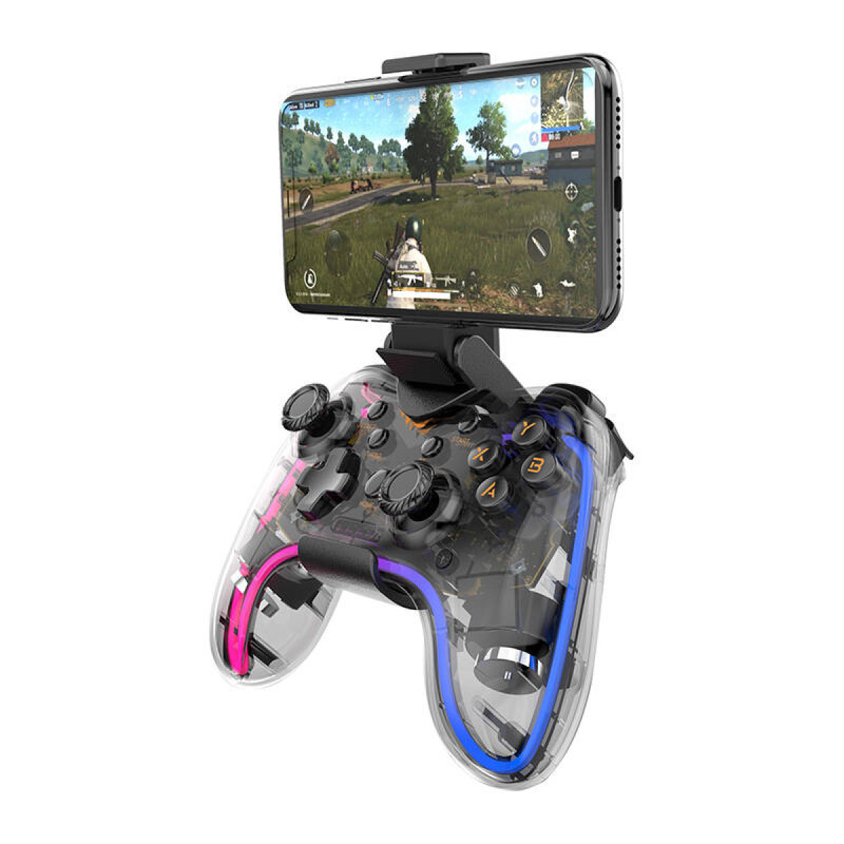 Un controller trasparente con accenti luminosi tiene uno smartphone che visualizza un gioco.