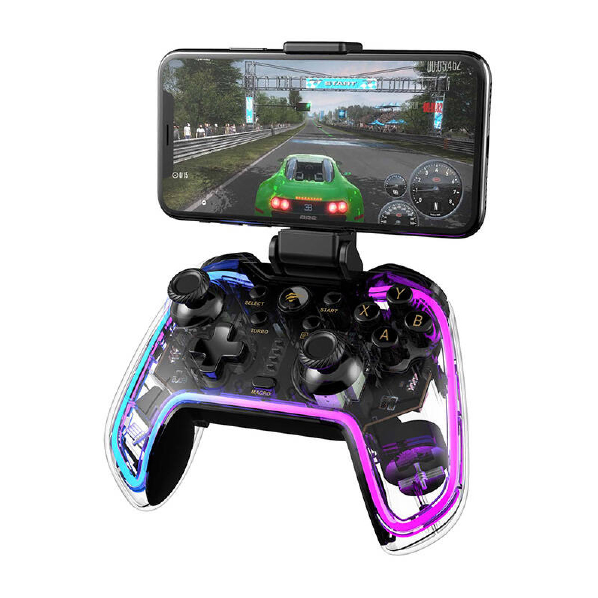 Controller di gioco trasparente con illuminazione RGB, che tiene uno smartphone che gioca a un gioco di corse.