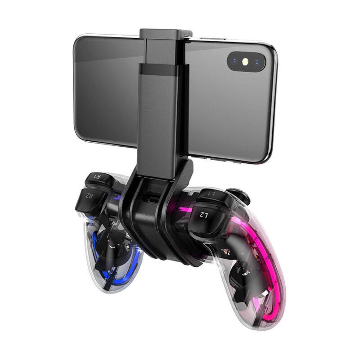 Uno smartphone è fissato a un supporto nero con un controller.