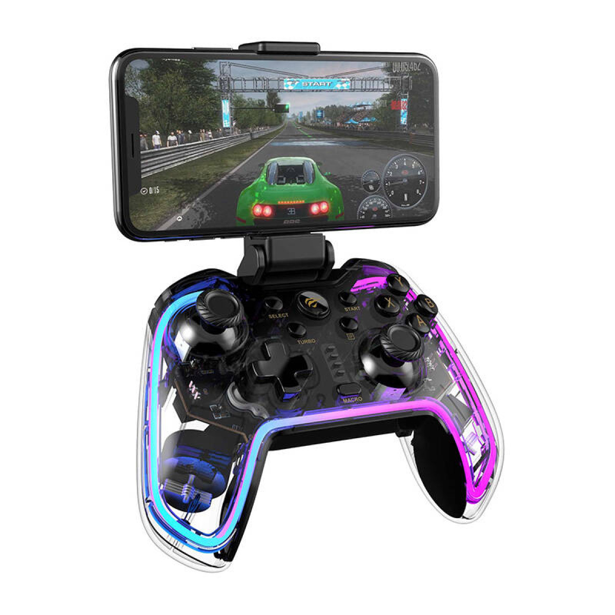 Un controller trasparente con illuminazione a LED che mostra un gioco di corse su smartphone.