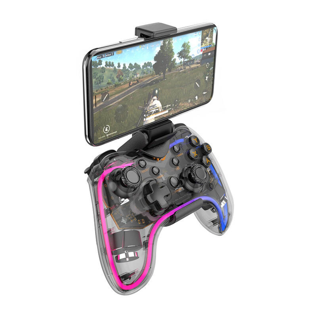 Controller da gioco trasparente con accenti luminosi, che tiene uno smartphone che mostra un gioco.