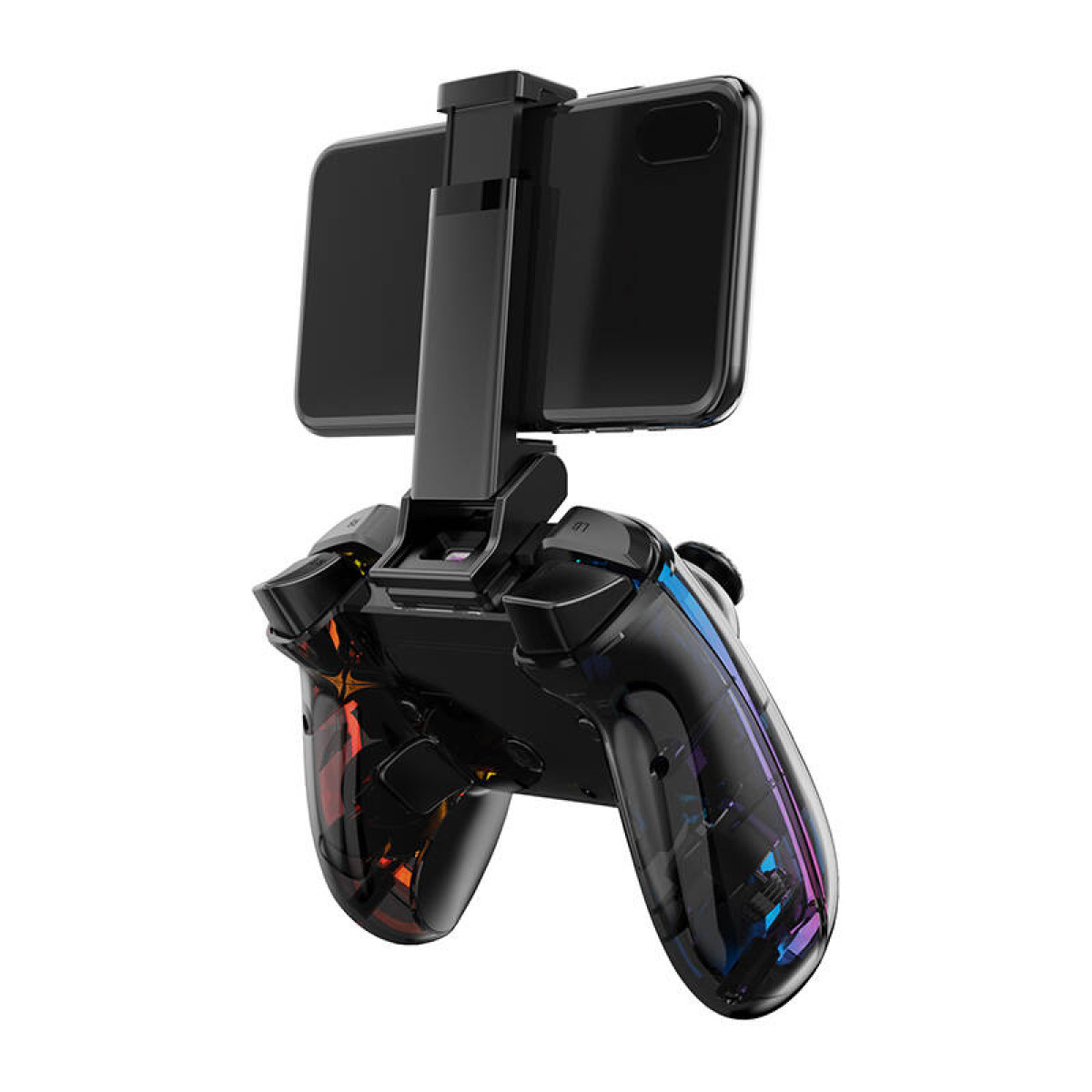 Un controller di gioco nero tiene uno smartphone, con luci colorate.