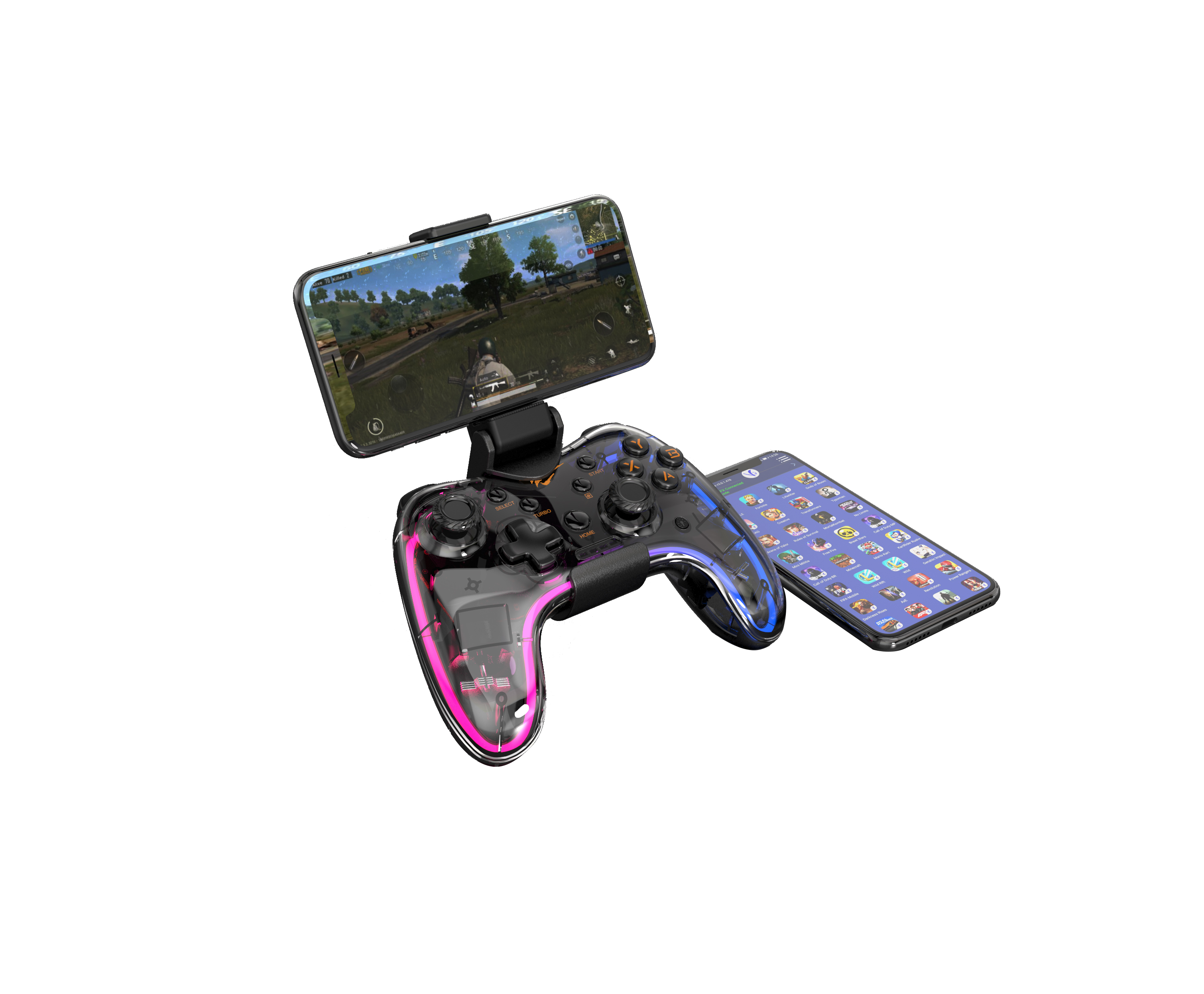 Un controller trasparente con illuminazione rosa tiene uno smartphone con un gioco.