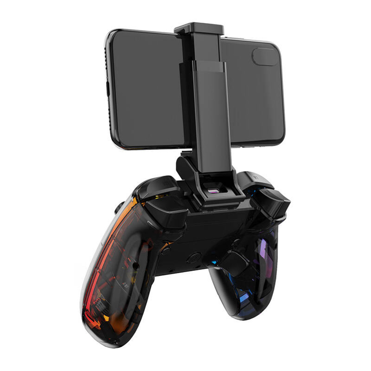 Controller nero per smartphone con impugnatura trasparente e accenti colorati.