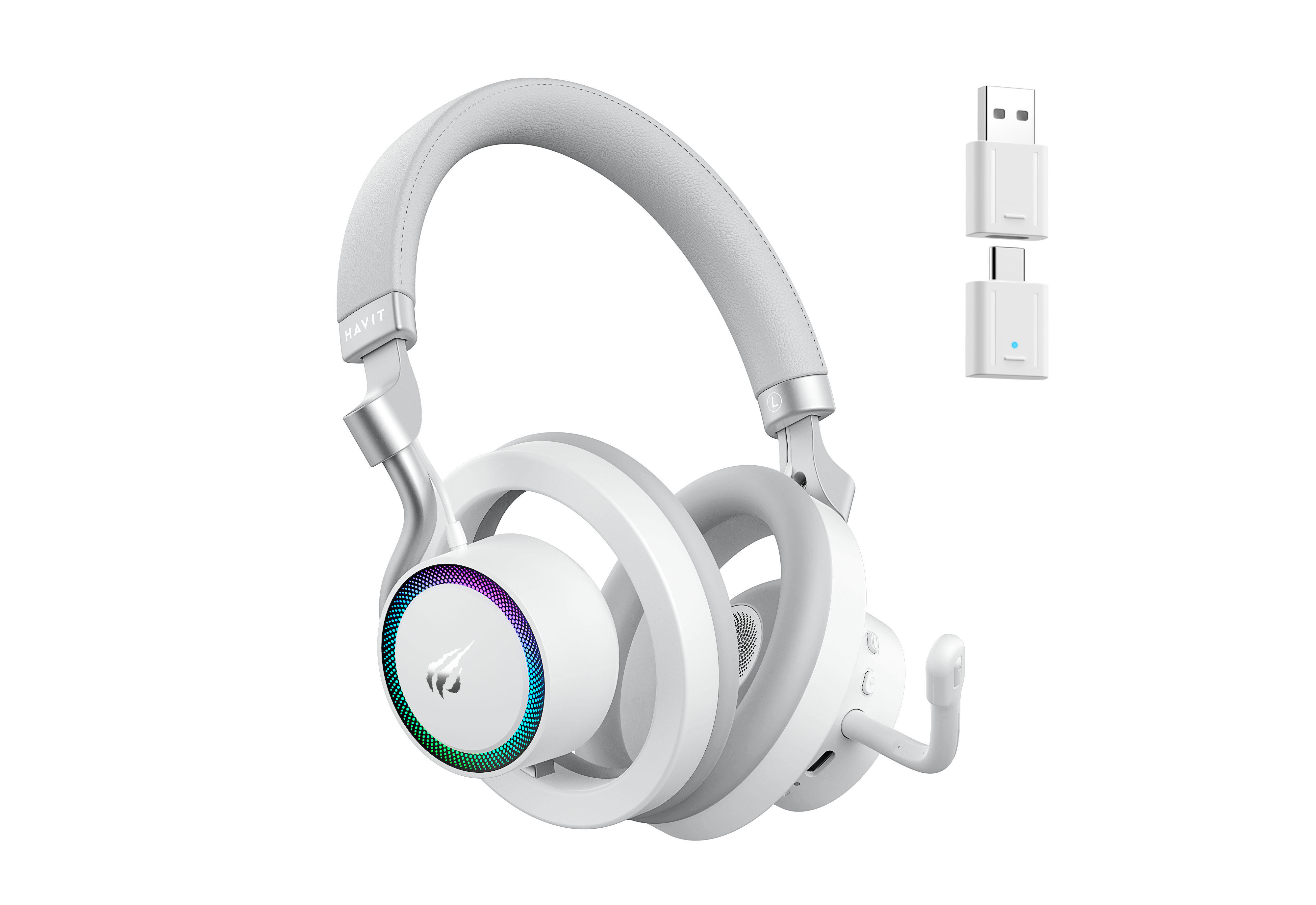 Białe słuchawki z oświetleniem RGB i dwoma donglami USB.