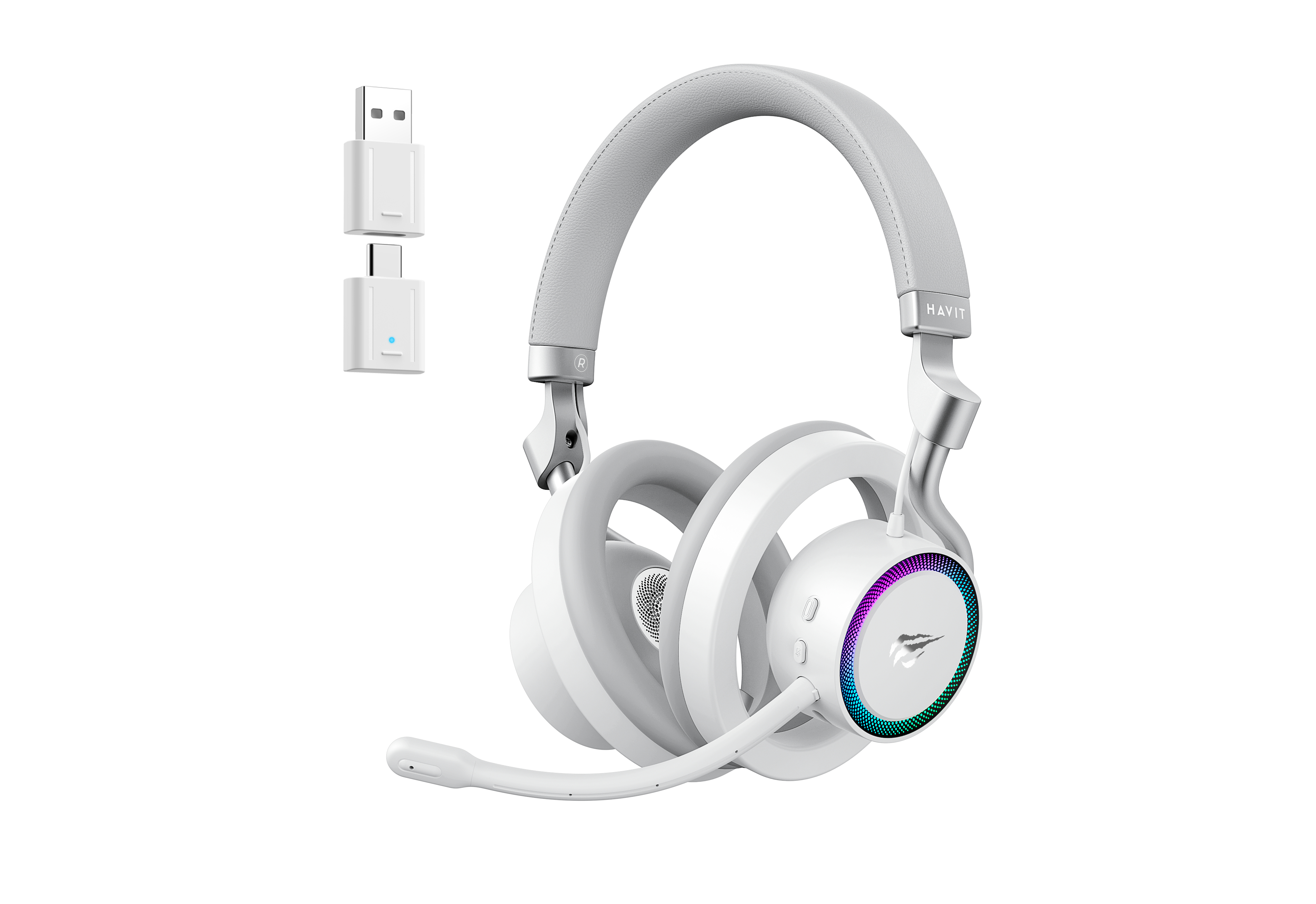 Białe słuchawki z mikrofonem i adapterami USB/USB-C.