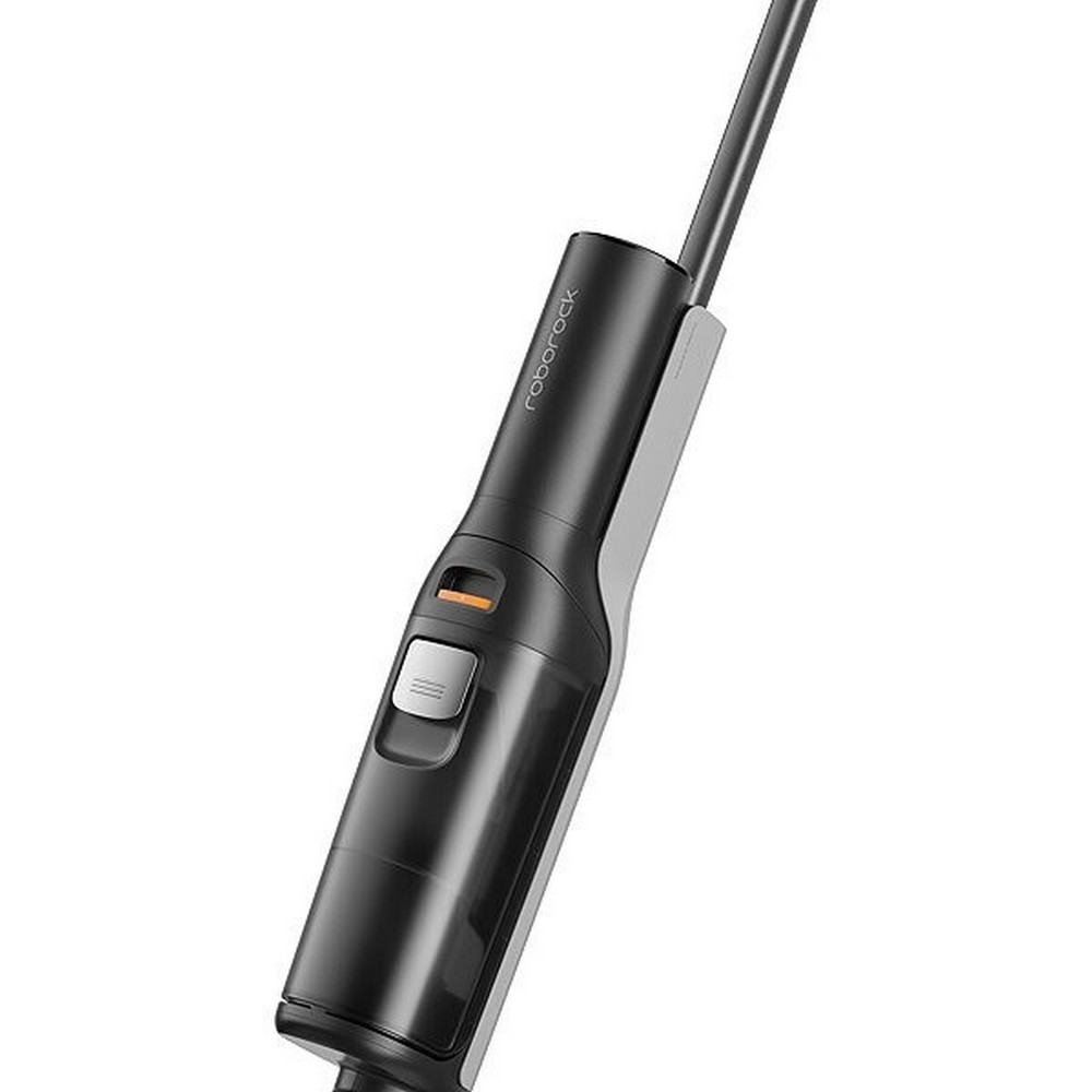 Black handheld vacuum cleaner handle with a silver button and an orange accent.