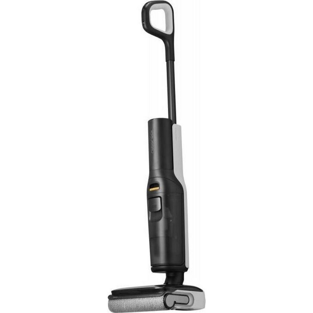 A modern black and white floor cleaner with a long handle and brush head.
