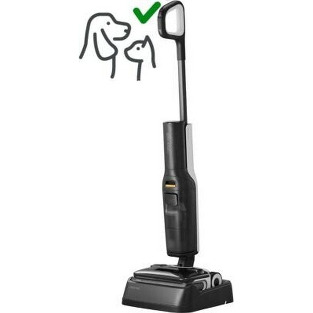 A black cordless vacuum cleaner with a pet icon and a checkmark.