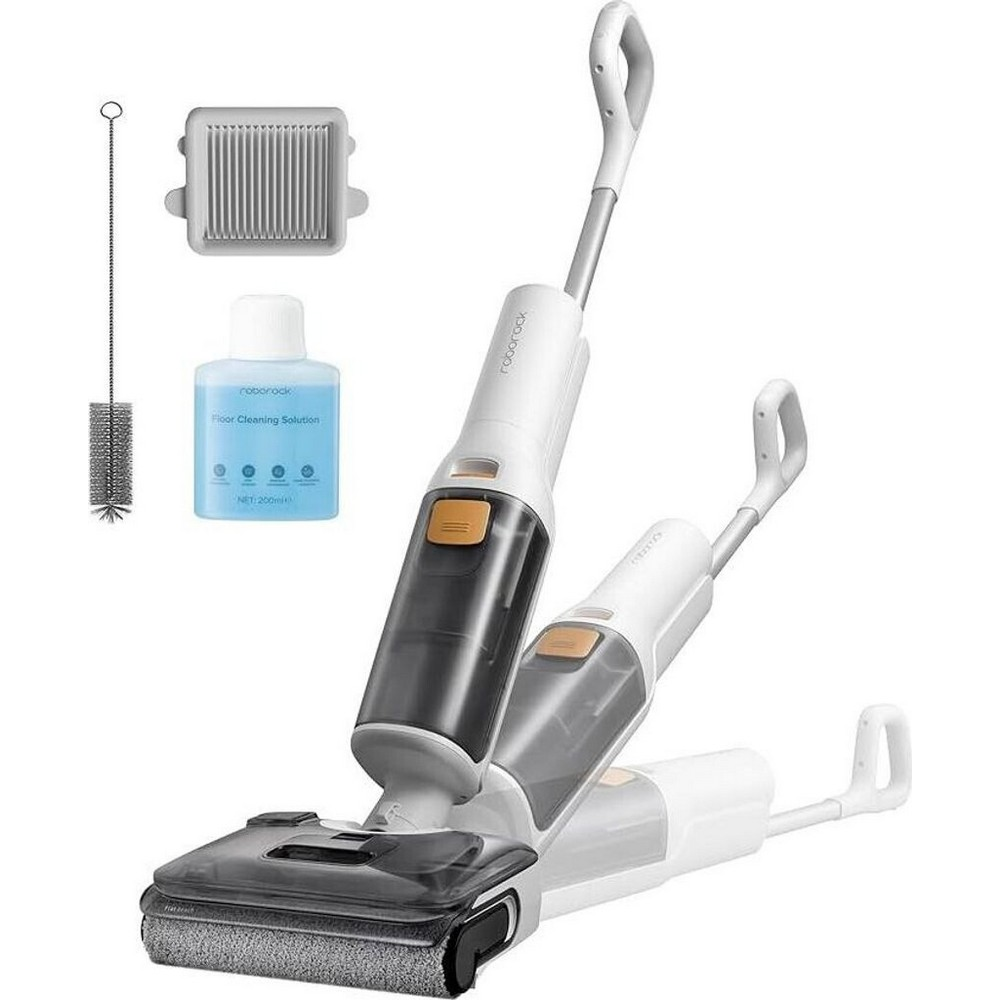A white wet dry vacuum cleaner with accessories: filter, brush, and cleaning solution.