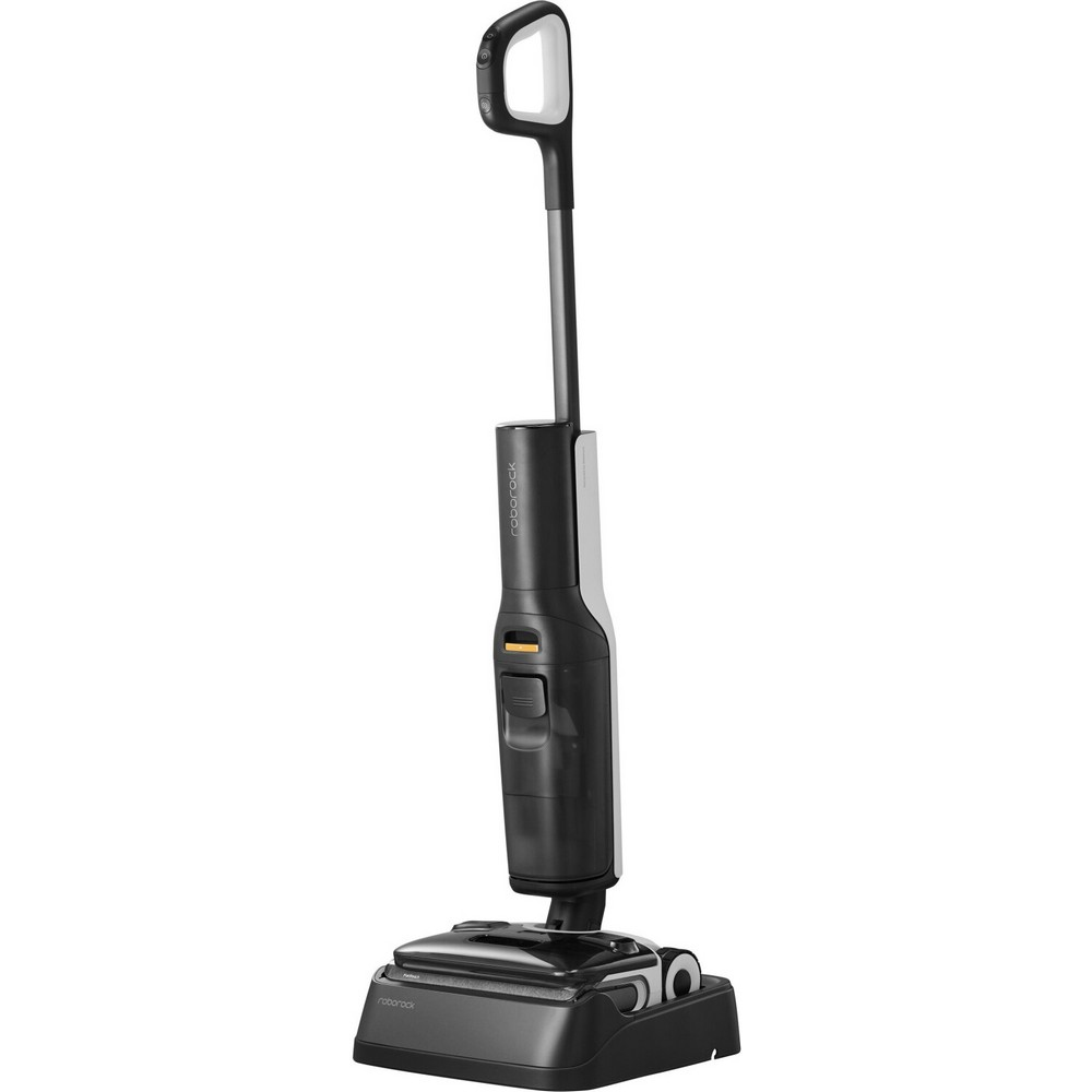 A black and white wet/dry vacuum cleaner on a stand, with a handle at the top.