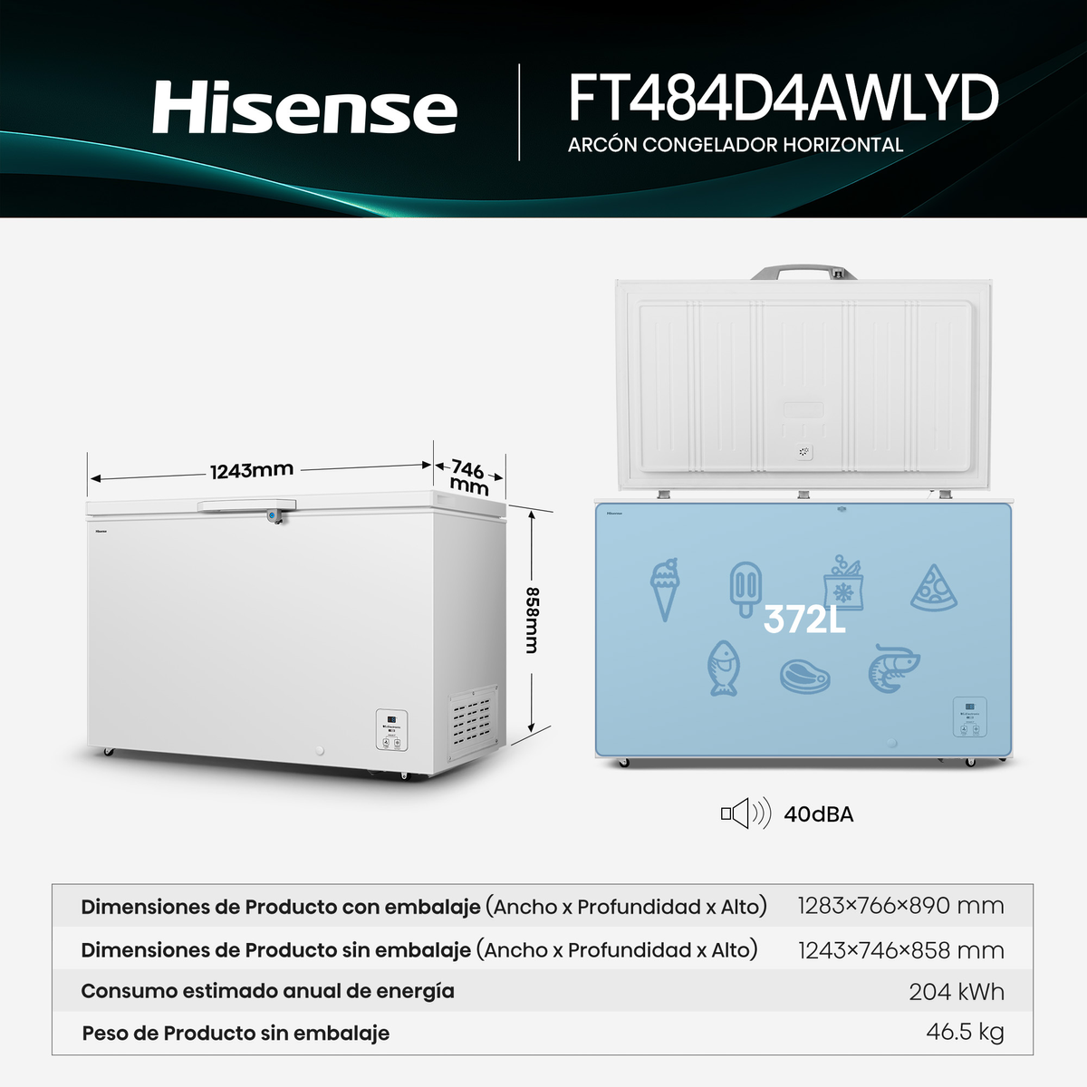 Un congelador Hisense blanco con dimensiones e iconos.