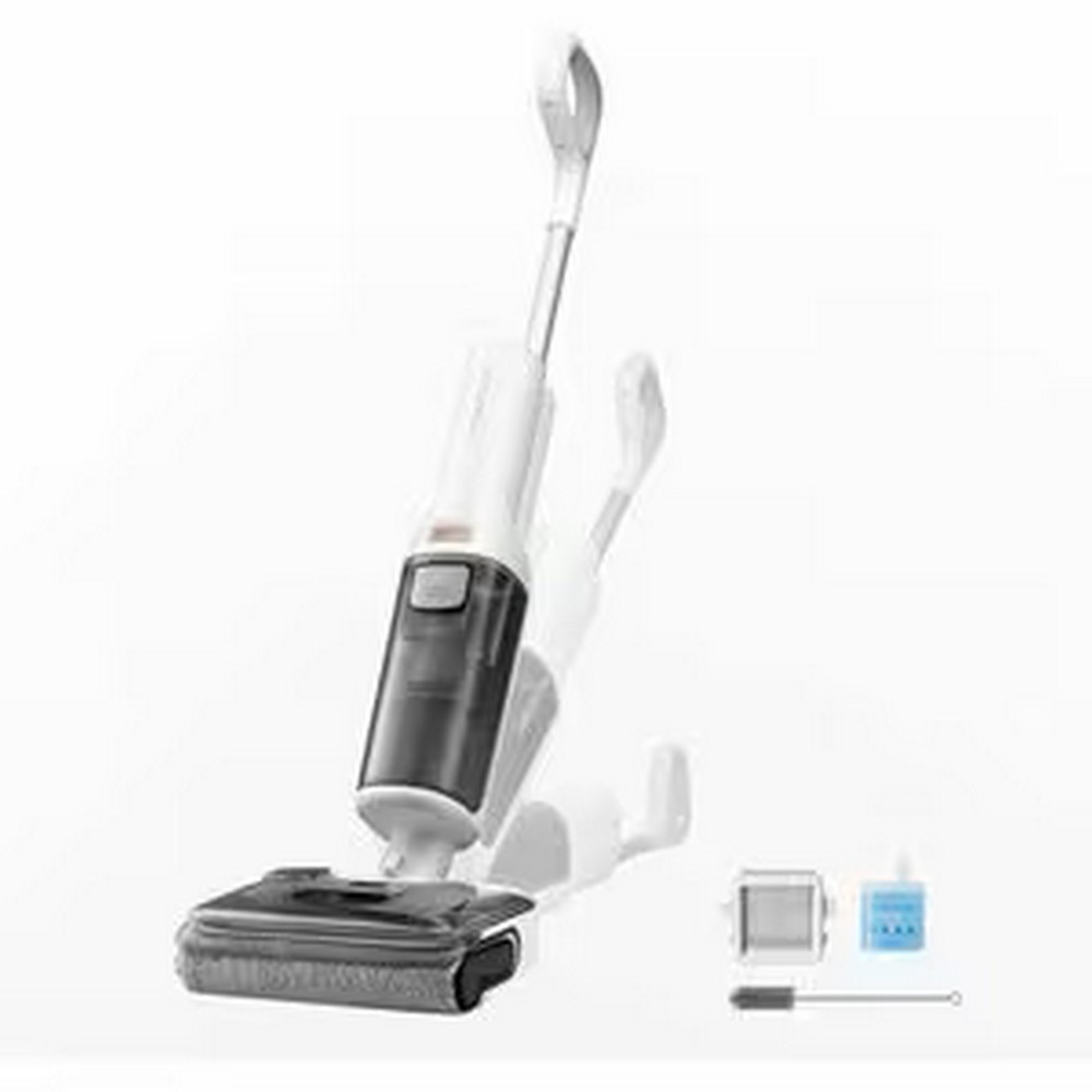 Biały odkurzacz do pracy na mokro i sucho z czarnym zbiornikiem i akcesoriami.