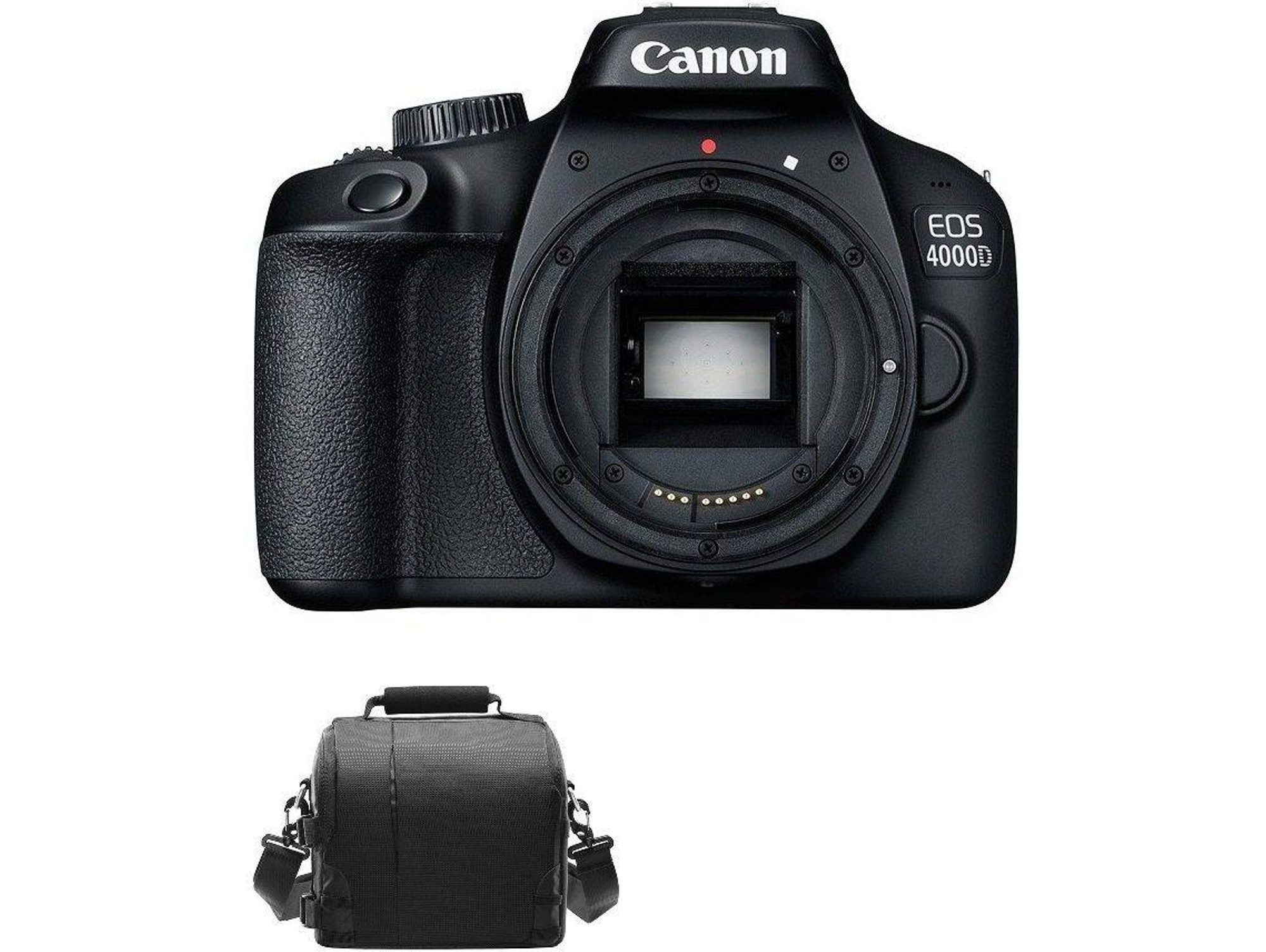 Cámara Canon EOS 4000D negra con montura de objetivo y bolsa de cámara.