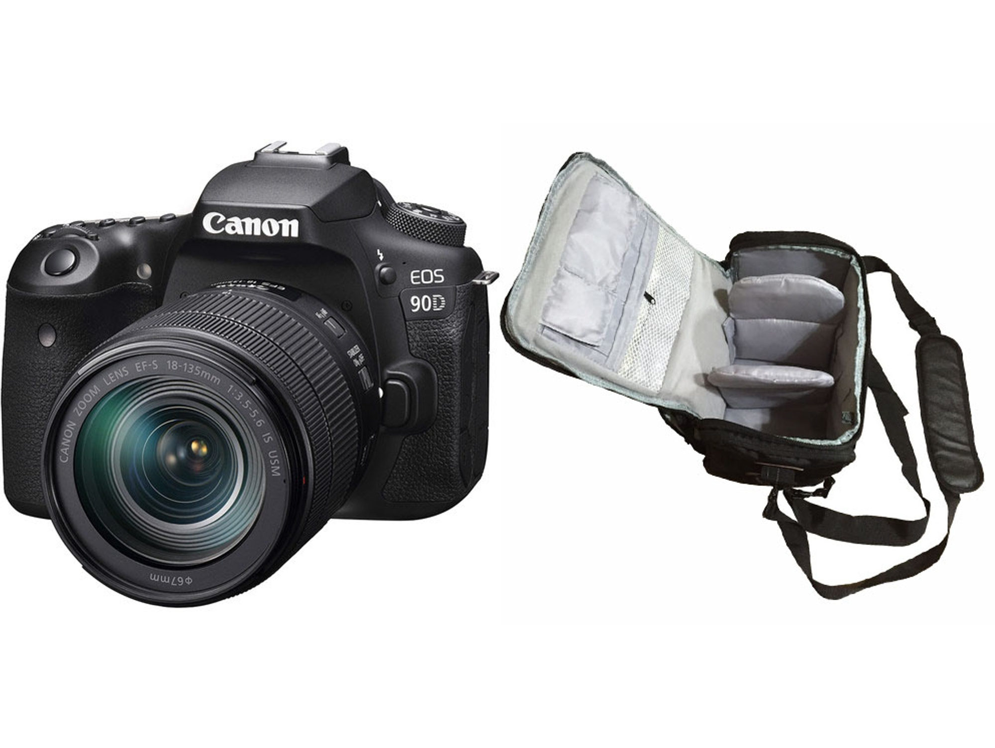 Cámara Canon EOS 90D negra con lente y bolsa de cámara abierta.