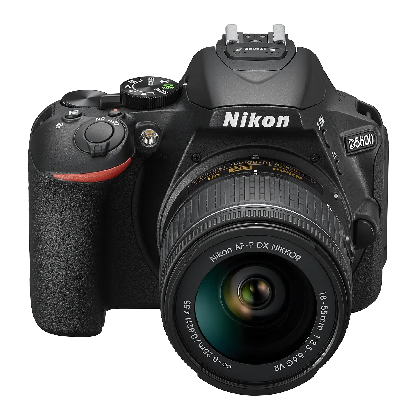 Cámara DSLR Nikon D5600 negra con lente de 18-55mm, vista frontal.