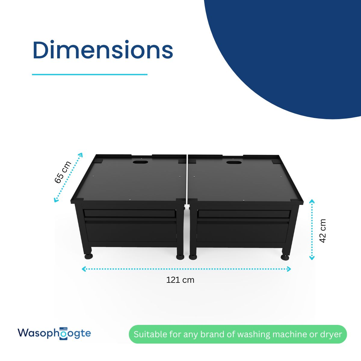 Two black pedestals for washing machines/dryers. Dimensions: 121x65x42 cm.