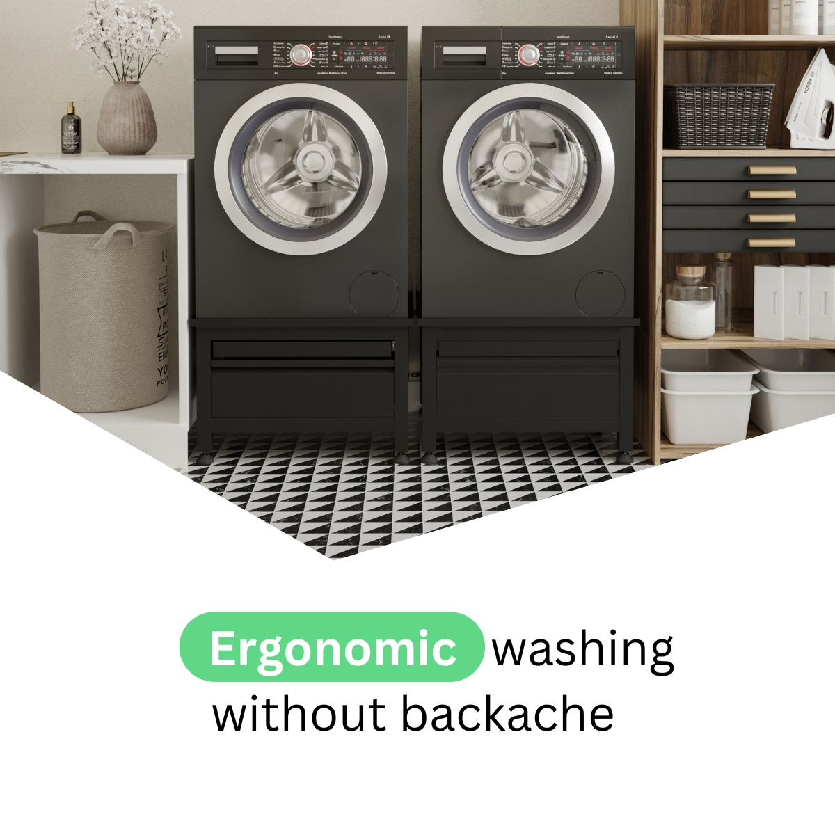 Two black washing machines on stands, next to a shelf with laundry baskets.