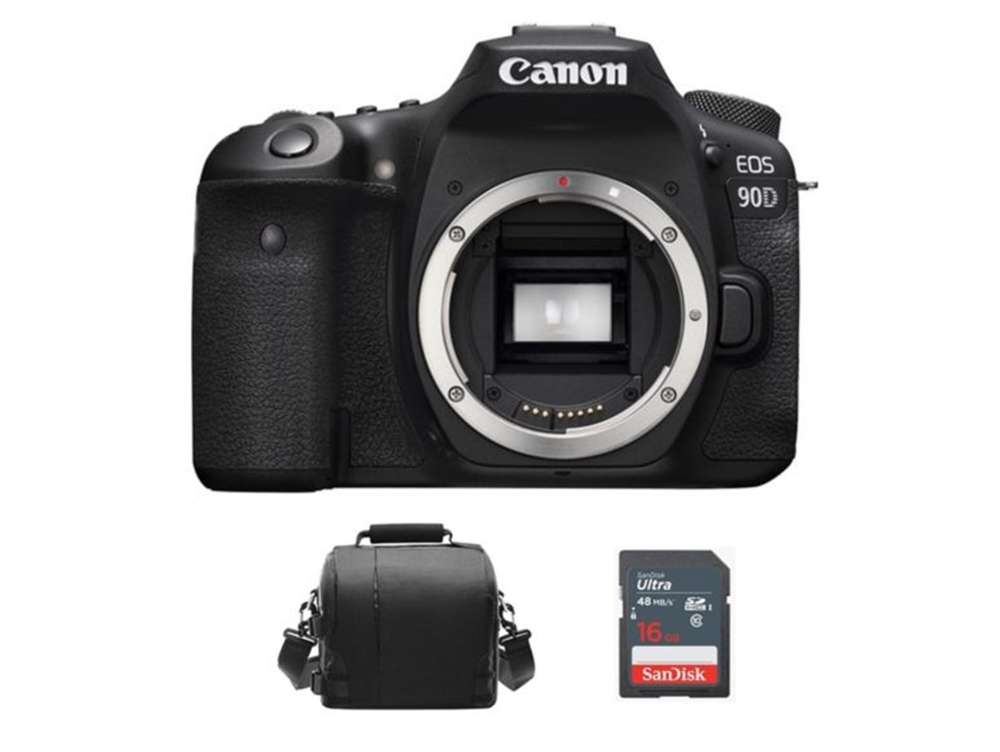 Cámara Canon EOS 90D negra con bolso y tarjeta de 16GB.