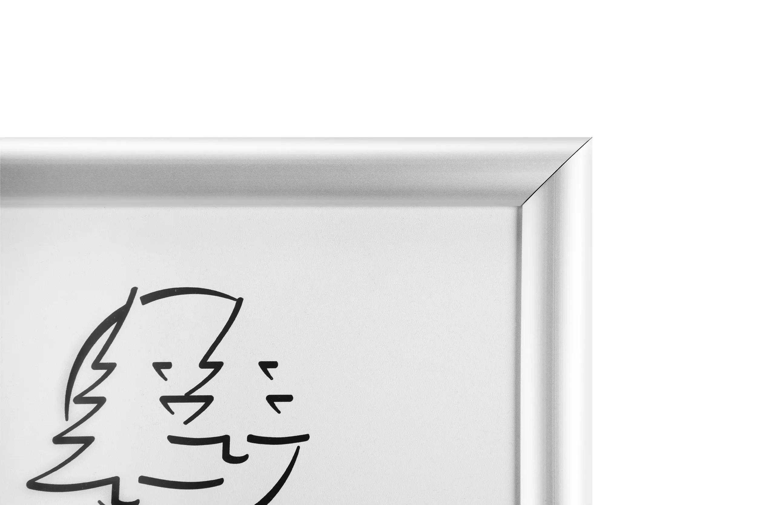 Marco plateado con un simple dibujo lineal negro de una cara.