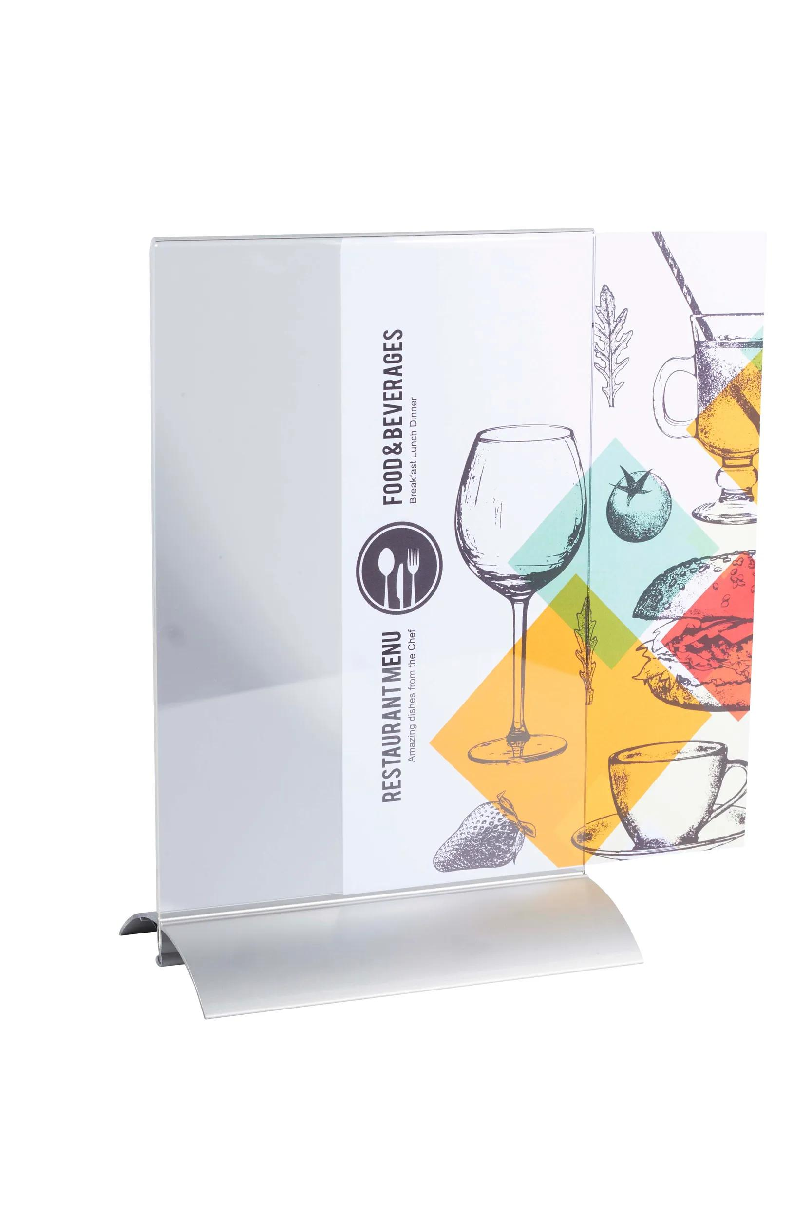 Soporte para menú con ilustraciones de comida y bebida sobre fondo blanco.