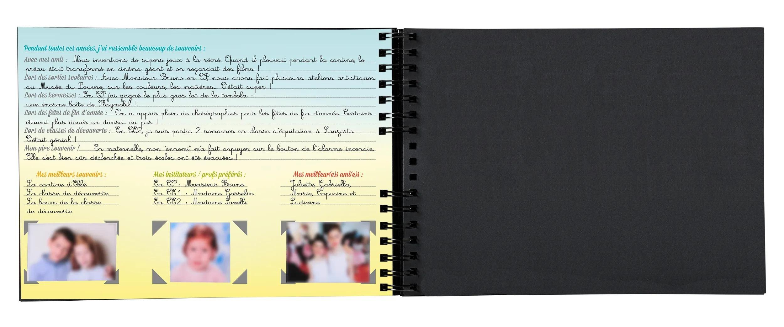Una página de cuaderno con texto escrito a mano y fotos borrosas de niños.
