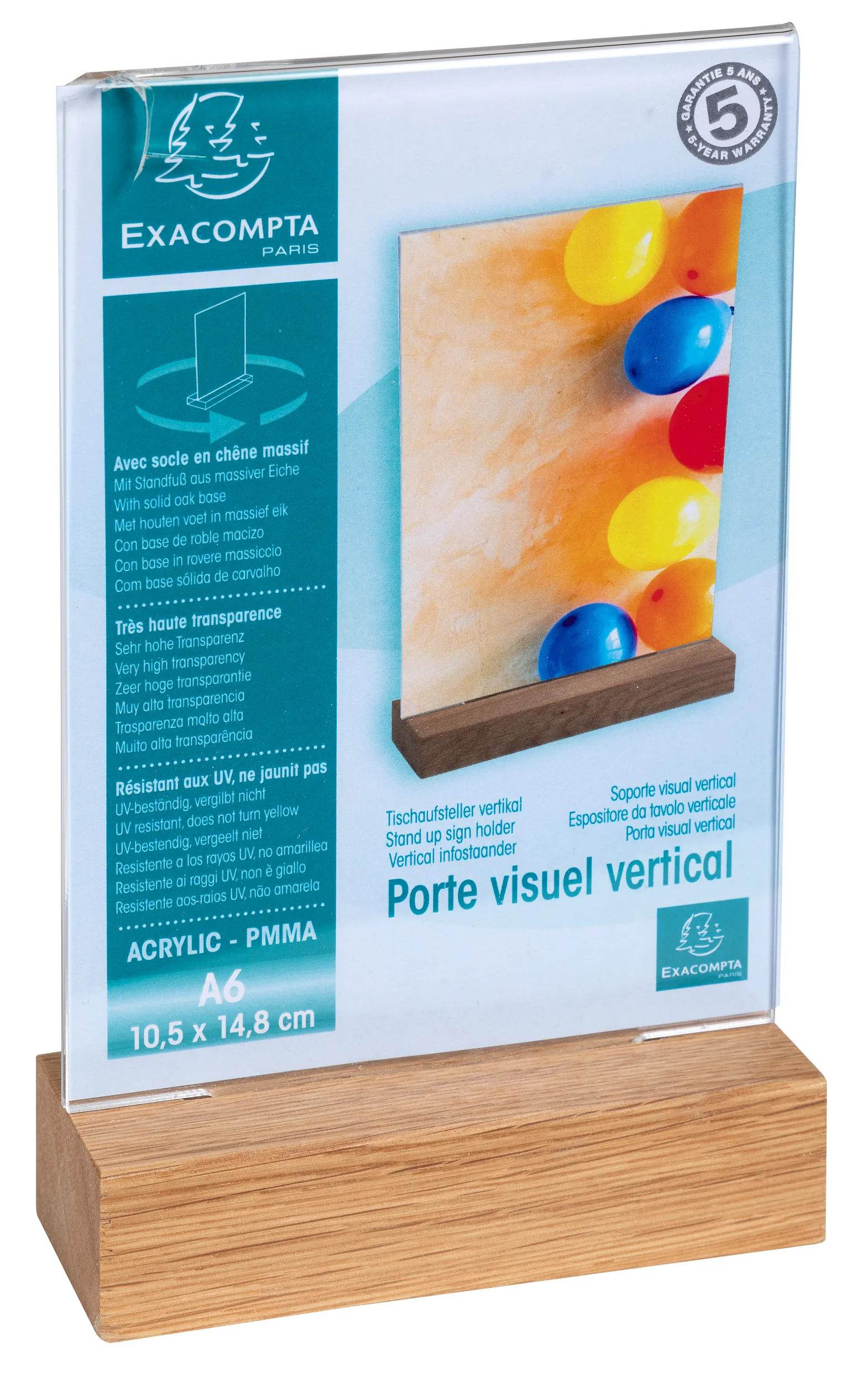 Un portafotos vertical de acrílico con base de madera y gráfico colorido.