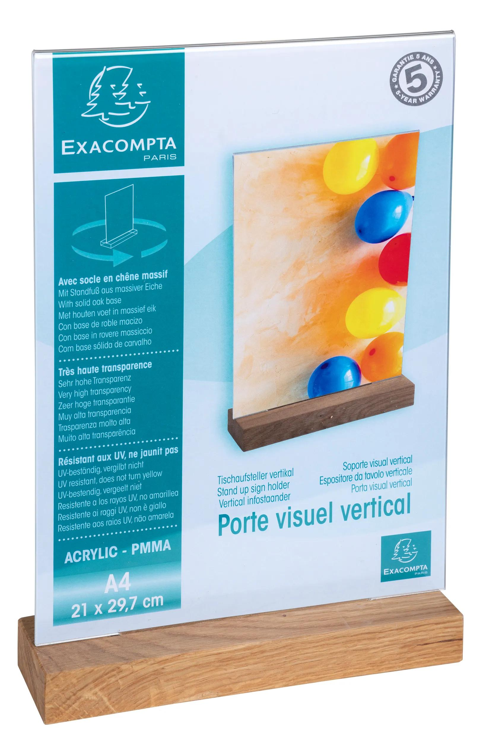 Porta-carteles vertical A4 de acrílico con base de madera y decoración colorida.