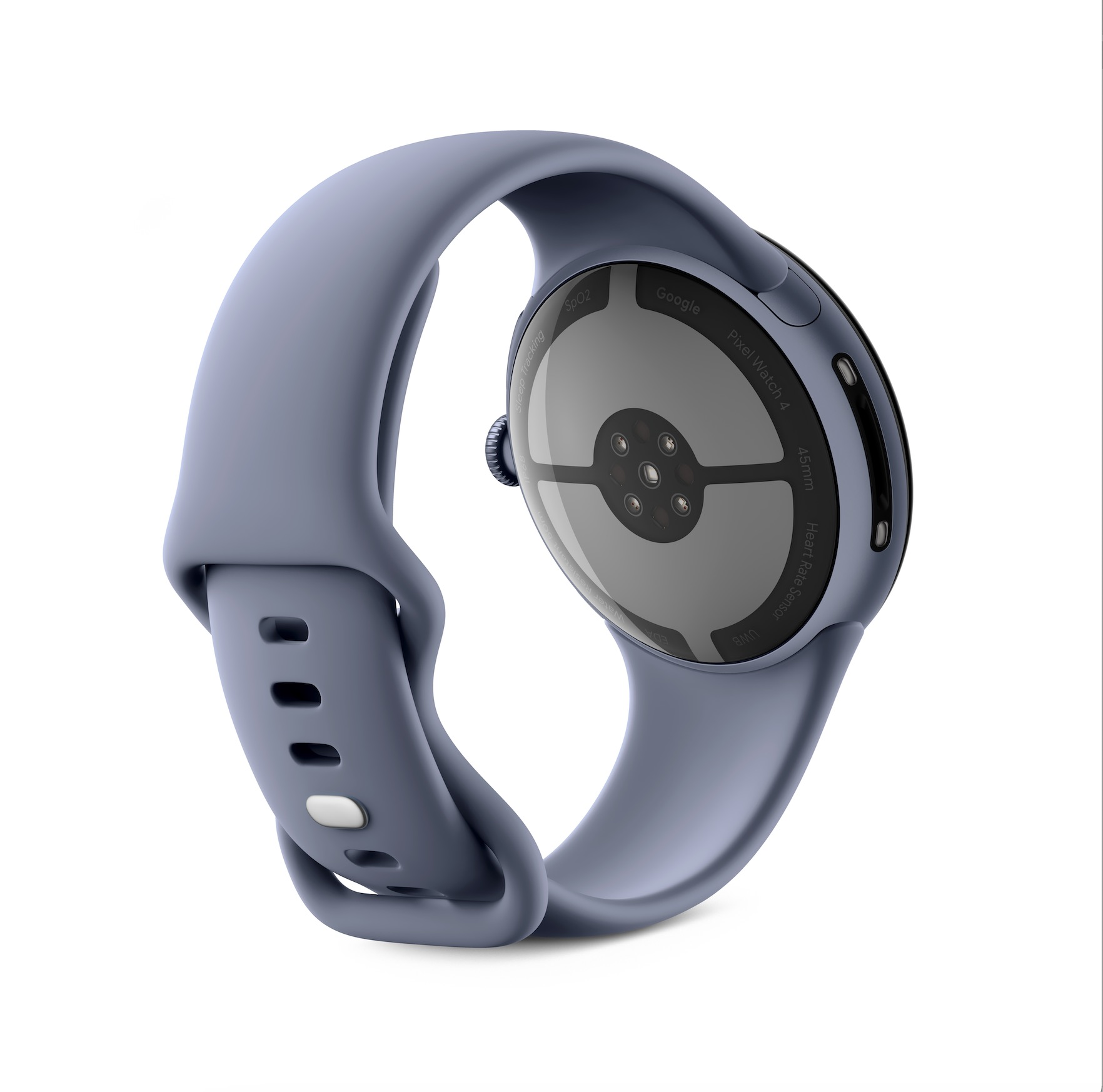 Tył niebieskiego zegarka Google Pixel Watch 4 z sensorem tętna.