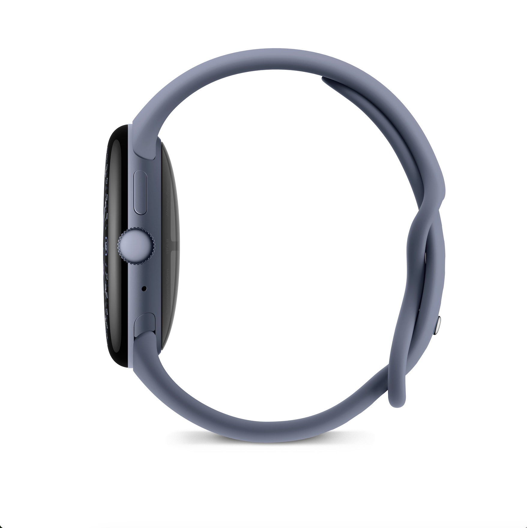 Szary smartwatch z poskręcaną bransoletą na białym tle.