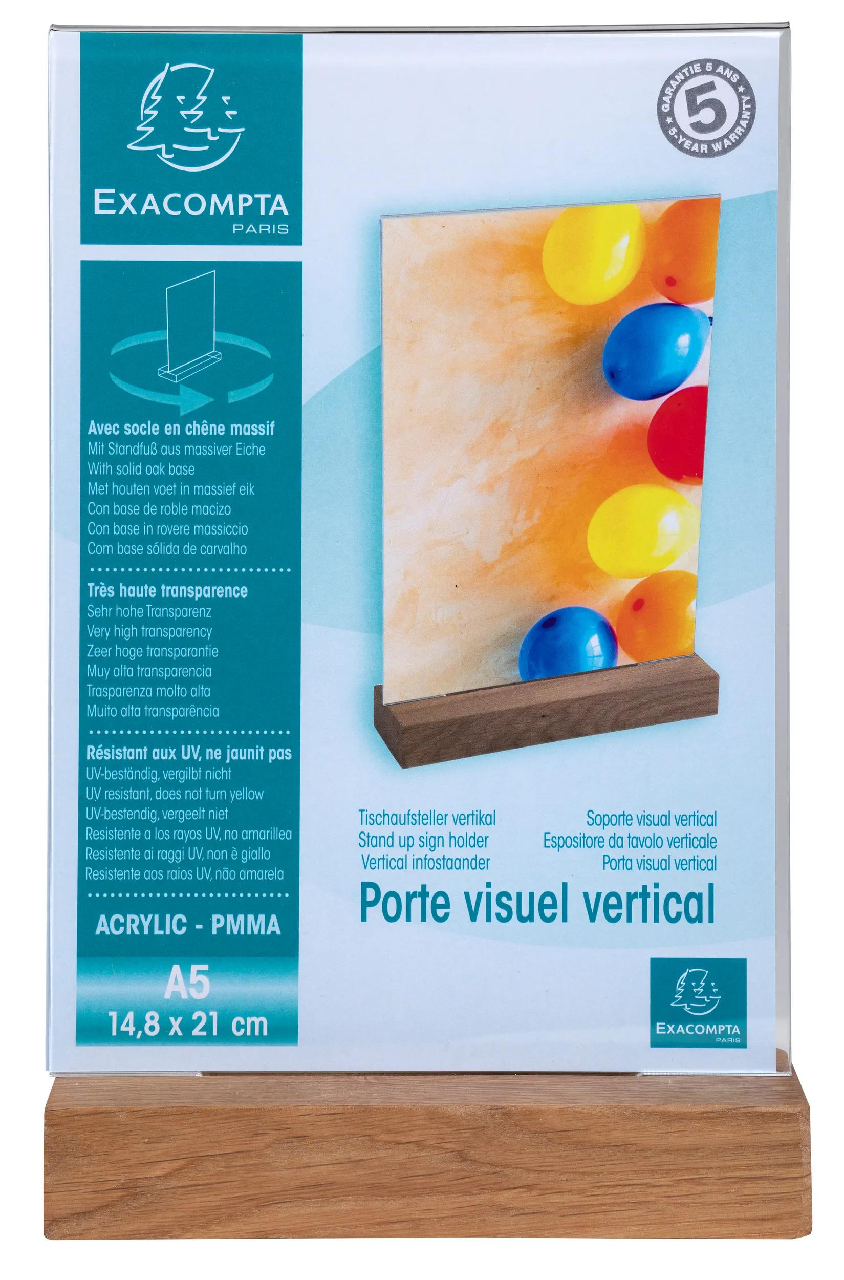 Soporte de letrero acrílico A5 con base de madera y decoración de globos.