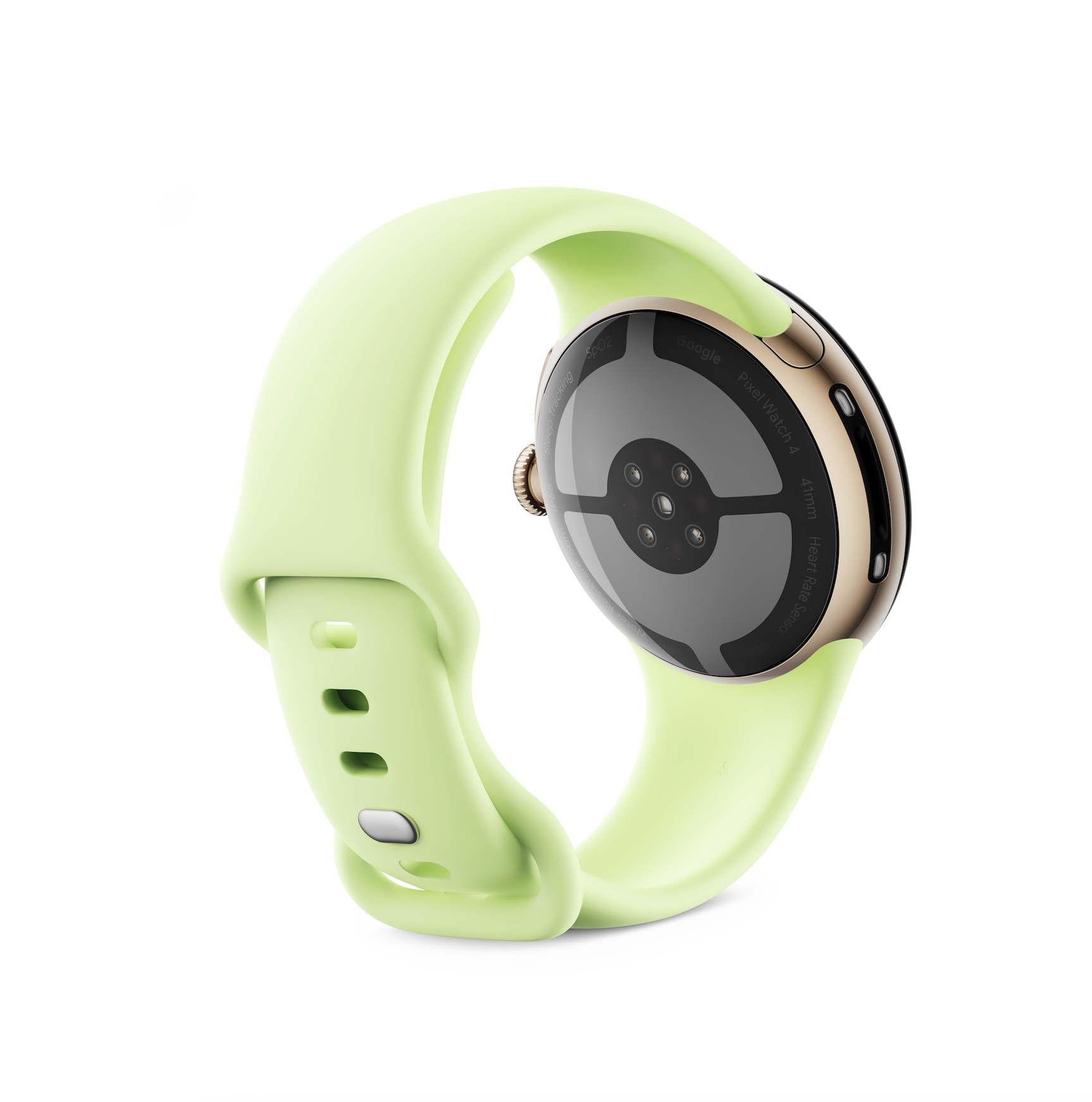 Jasnozielony zegarek Google Pixel Watch ze złotą kopertą i czujnikami z tyłu.