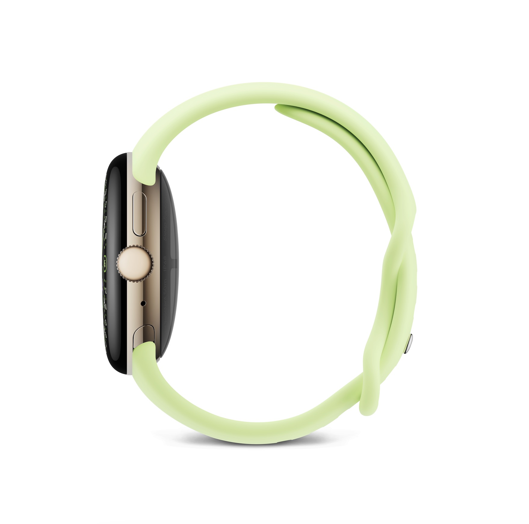 Złoty smartwatch z jasnozieloną bransoletą, widok z boku.