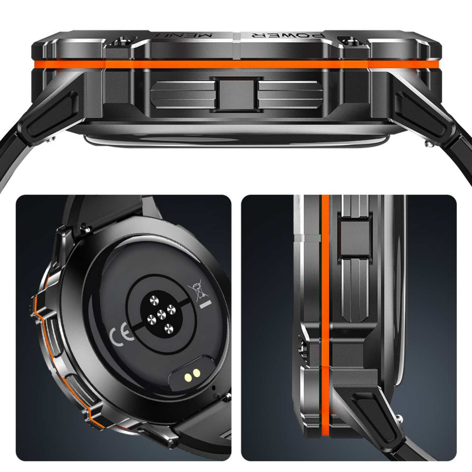 Nahaufnahme einer Smartwatch mit orangefarbenen Akzenten, Tasten und Herzfrequenzsensor.