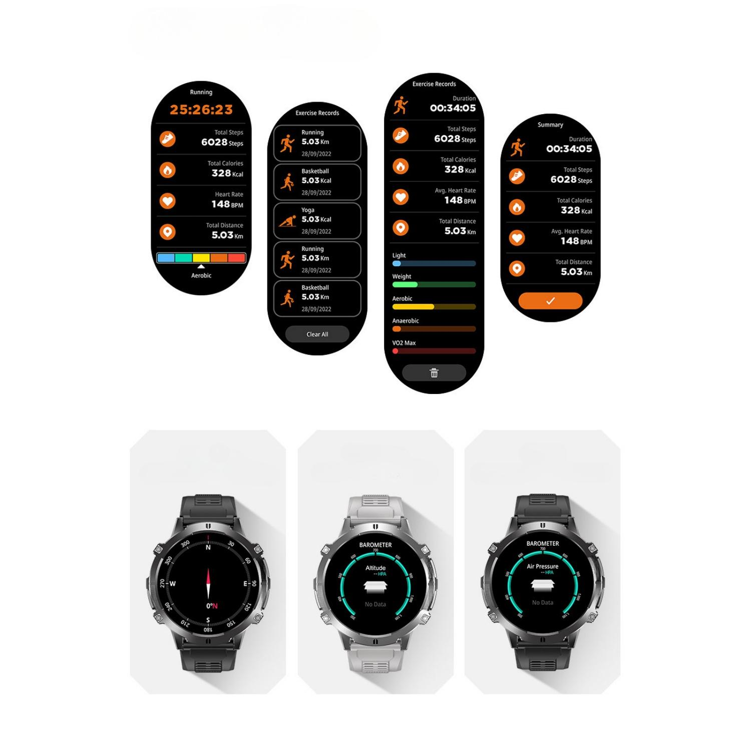 Drei Smartwatches: Eine zeigt Laufdaten, die anderen zwei Barometer-Infos.