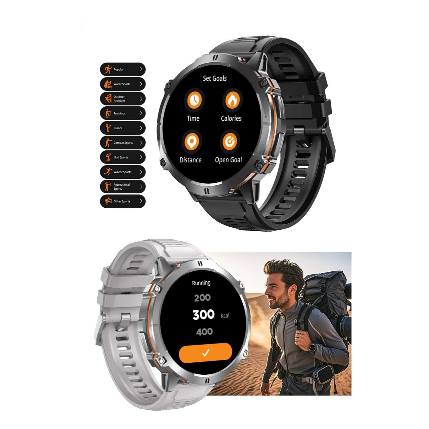Zwei Smartwatches: eine schwarze mit Sportmodi, eine weiße mit Laufstatistiken.